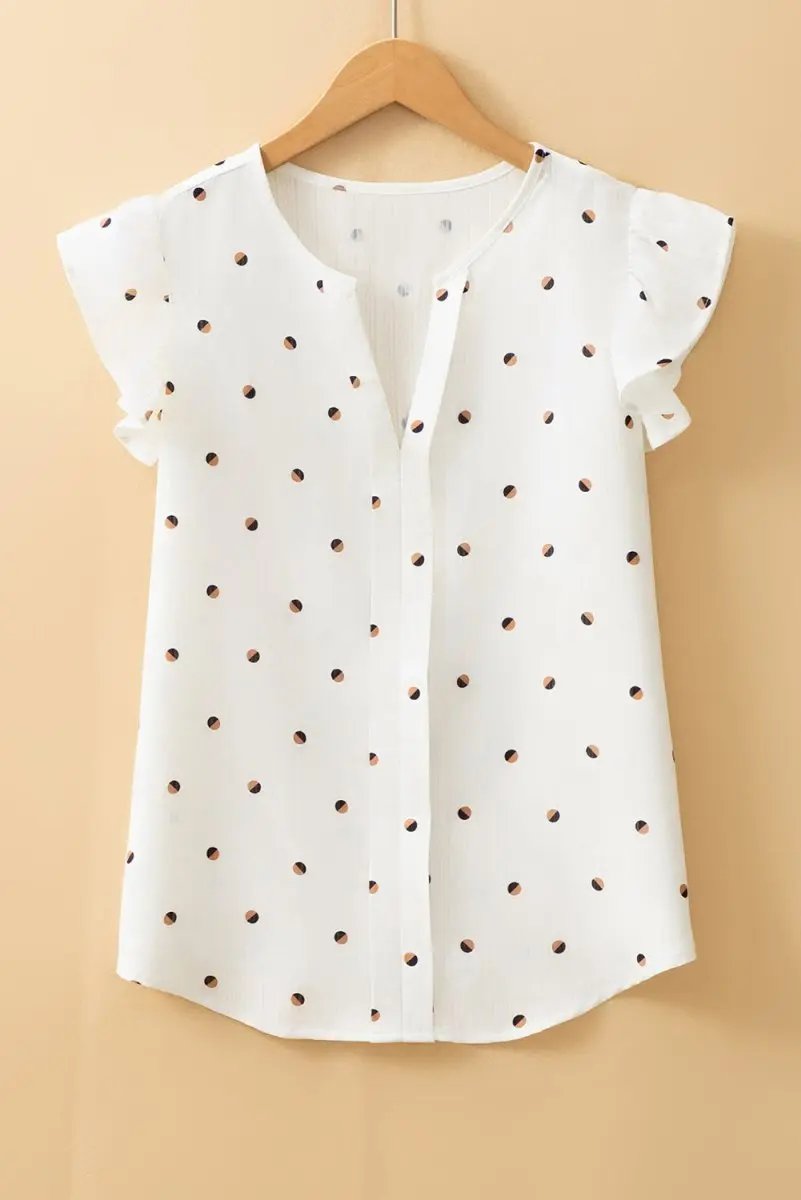 White Polka Dot Print Ruffled Shoulder V Neck Tank Top - Love Salve